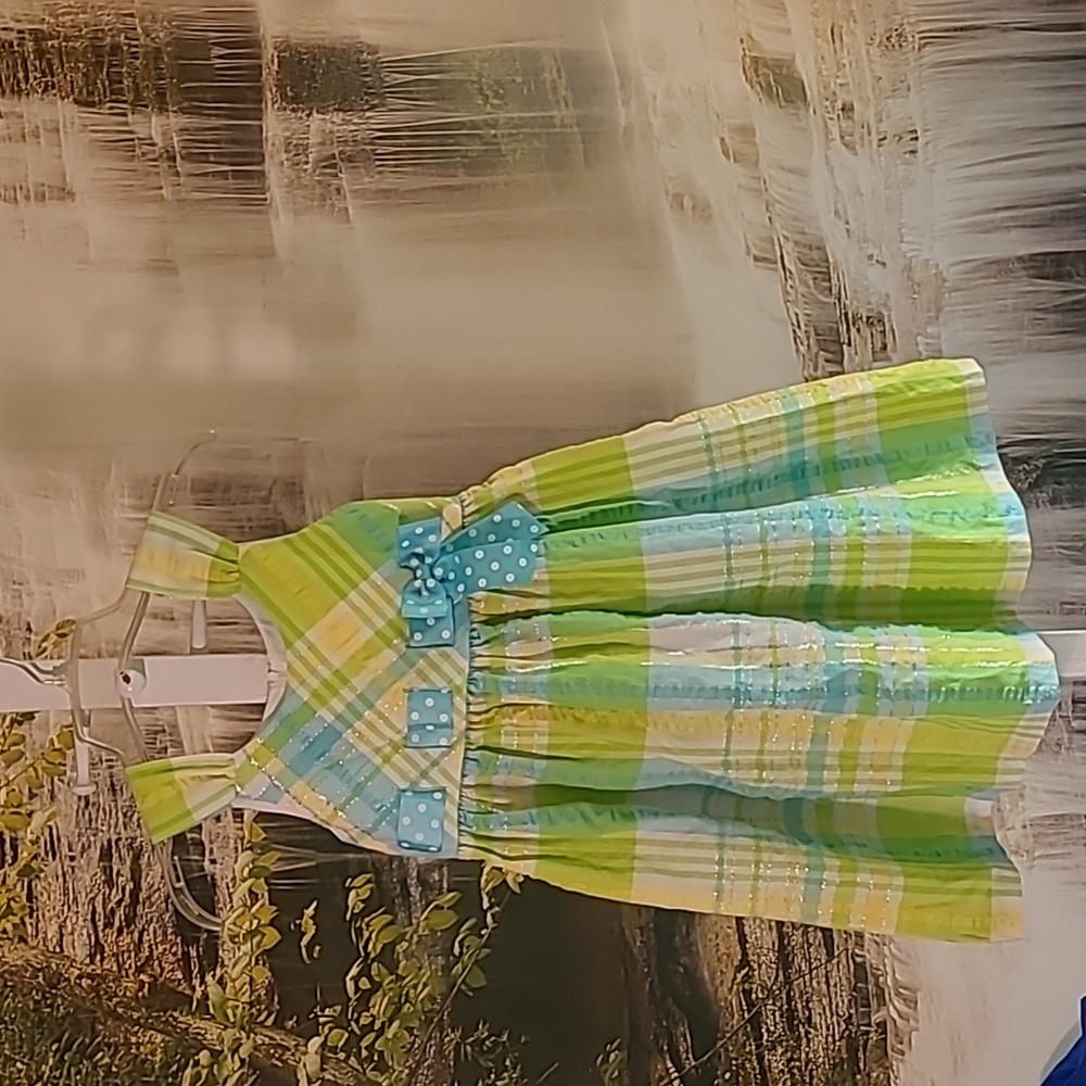 Bonnie Jean Girls 12 sparkly plaid bright green turquoise polka dot sun dress